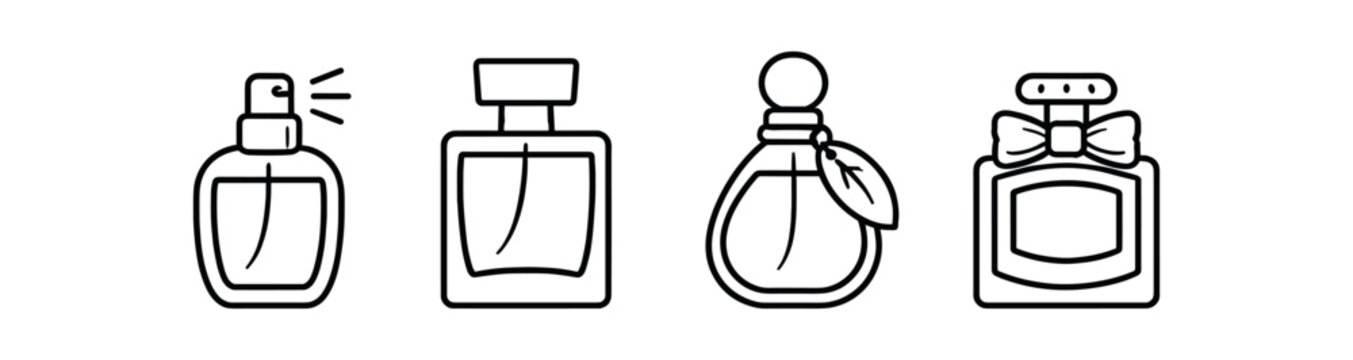 Perfume bottle icon set. fragrance, spray, cologne, scent, cosmetics, atomizer, beauty. line, flat and colored vector icon set.