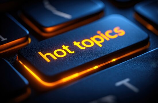 Glowing orange backlit keyboard button with the text 'hot topics' in bright yellow, highlighting digital technology and online discussions