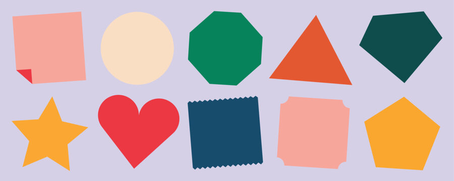 Colorful geometric shapes including circle, triangle, star, and heart. Shapes in red, green, yellow, and blue. Abstract design with various shapes. Memo element vector set.