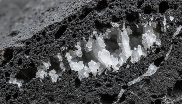 CO2 mineralization cross section with white carbon crystals in dark basalt rock