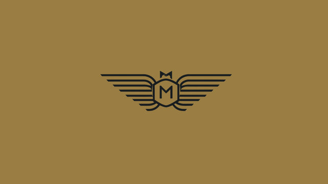 Elegant minimalist letter M logo with wings and crown on golden background. Modern line art emblem for luxury branding and graphic design.