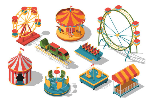 Collection of isometric 3D amusement park icons showcasing ferris wheel, roller coaster, carousel, carnival tent, swing ride, and food stall elements,