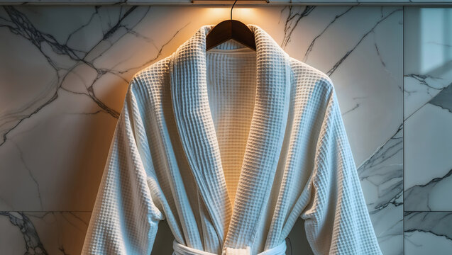White waffle knit spa robe on marble wall featuring intricate honeycomb texture and soft warm lighting evoking luxurious hotel relaxation atmosphere generative AI