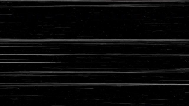 Abstract digital glitch video overlay texture with white horizontal VHS tracking lines on a black background.