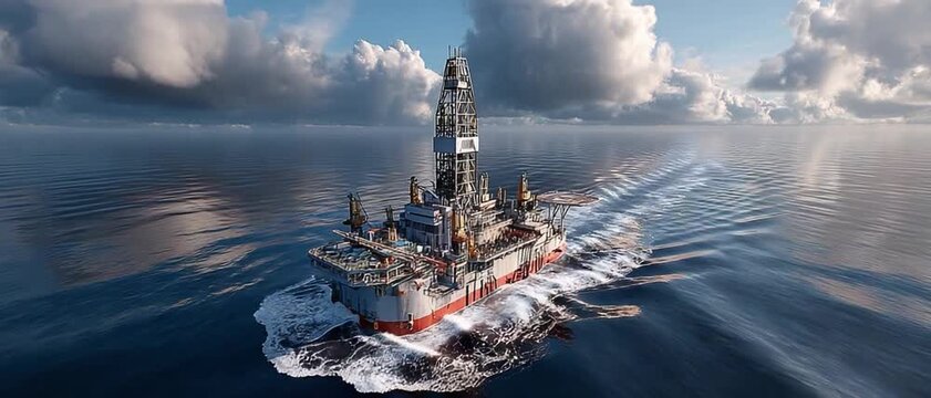 Ocean Voyager: A majestic offshore drilling platform sails across the vast ocean, cutting through the waves under a dramatic, cloudy sky.