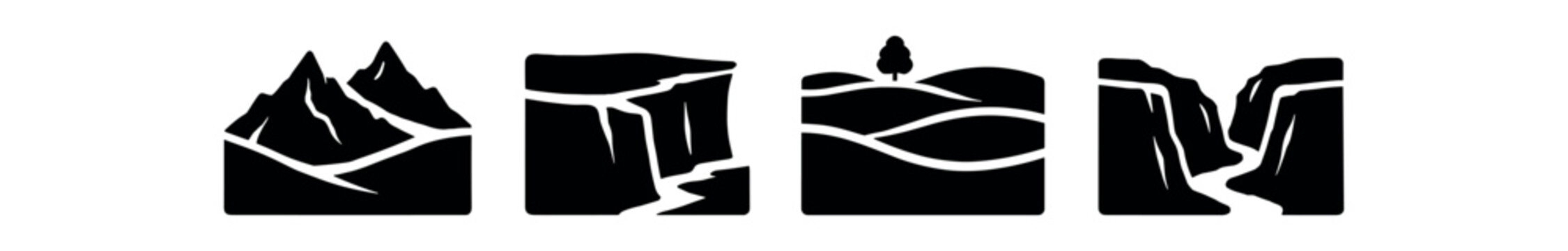 Landscape icon set solid. mountain range, cliff block, rolling hills, canyon gorge, nature symbols. flat vector illustration.