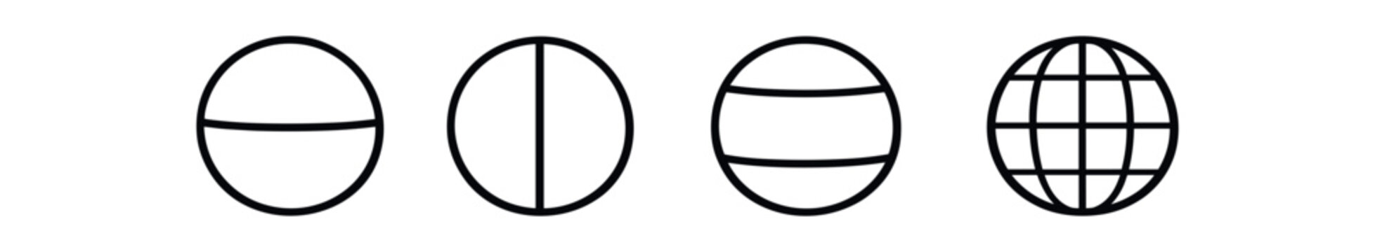 Globe icon set. world, earth, planet, latitude, longitude, grid, global network, map and navigation symbols. line, flat and colored vector icon set.