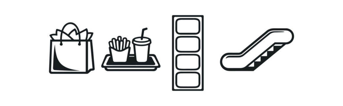 Shopping bag, fast food tray, elevator buttons and escalator icon set. mall, retail, food court, transport, services. line and flat vector illustration.