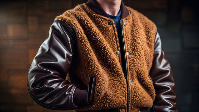 Wool varsity jacket featuring leather sleeves with striking contrast between fuzzy wool body and smooth arms under traditional collegiate lighting generative AI