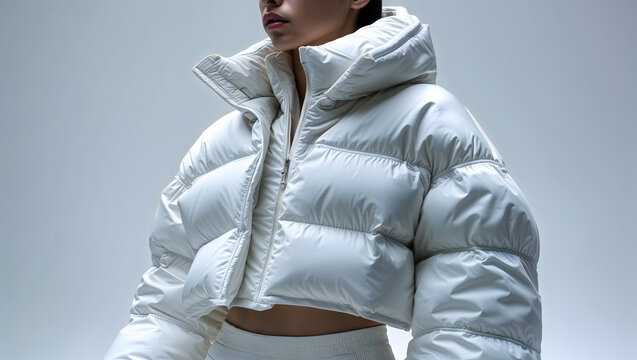 White cropped puffer jacket with voluminous matte finish featuring high detail stitching and puffy baffles under soft diffused lighting emphasizing nylon generative AI
