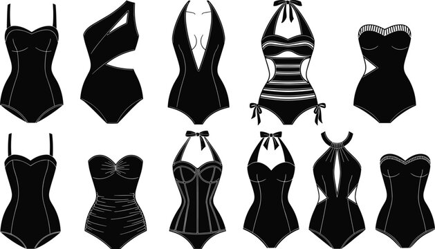 Set of women's one piece swimsuit silhouettes in various elegant styles including halter neck, cut out, and monokini designs, perfect for summer beach fashion, swimwear retail, and vacation