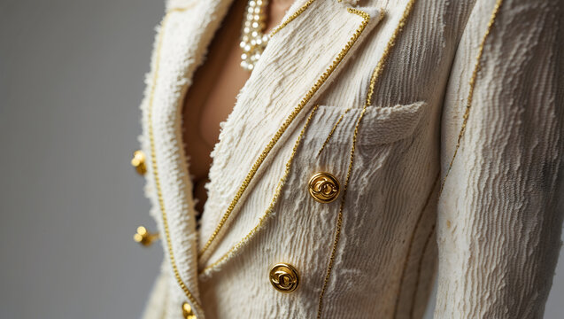 Boucl&eacute; blazer in cream and gold featuring sharp focus on nubby fabric texture frayed edges and gold buttons under luxury lighting generative AI