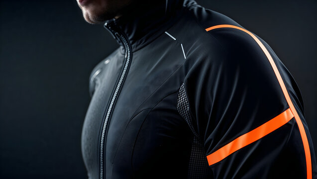 Black technical running jacket featuring slim fit design with thumbholes and waterproof zipper under dynamic lighting highlighting reflective panels and textures generative AI