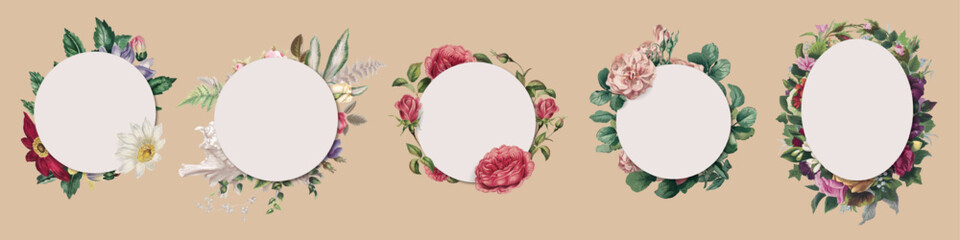 Fototapeta premium Five vintage floral frames with roses and daisies. Each frame features a unique floral design. Perfect for vintage-themed projects and floral art lovers. Frame illustrations, isolated vector set.