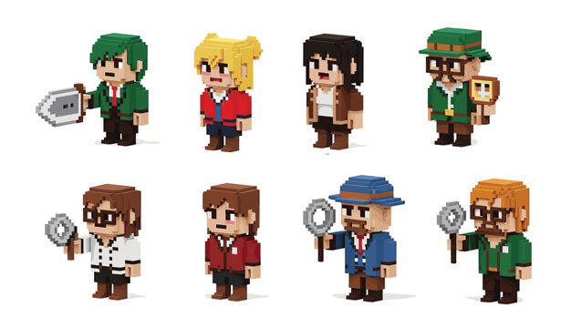 Cute voxel isometric character avatars set, diverse expressive faces in pixel style