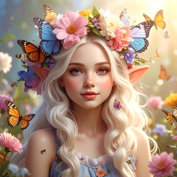A portrait of a light-haired figure with butterfly wings and floral crown amidst a vibrant meadow scene