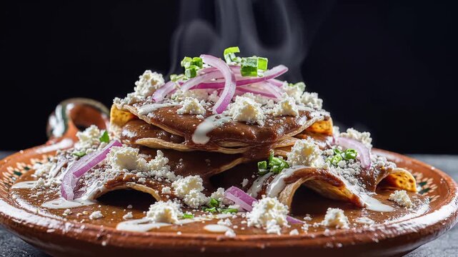 Delicious Enchiladas with Cheese and Onions on a Clay Plate.