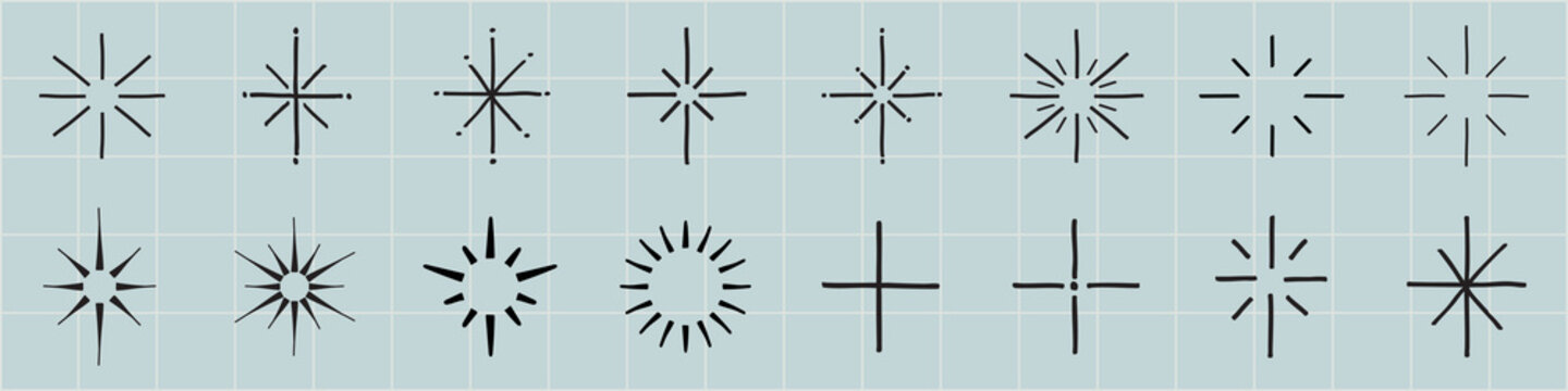 A grid of black starburst and cross icons on a light background. Various starburst and cross designs are displayed in a uniform grid pattern. Doodle star set.