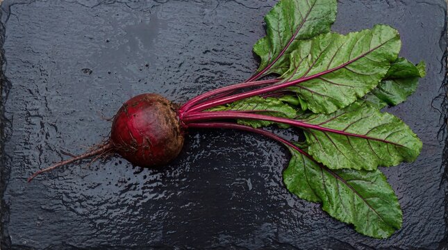 Fresh organic red beetroot with green leaves on dark wet stone surface