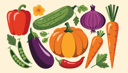 Fototapeta premium Fresh vegetables, organic farm food, colorful bell pepper, carrot, eggplant, cucumber, green peas, onion, and pumpkin, presented as a vintage vegetable collection in risograph linocut print style, 