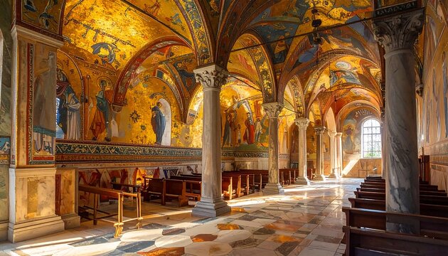 A lavishly decorated church interior with vaulted ceilings and ornate furnishings