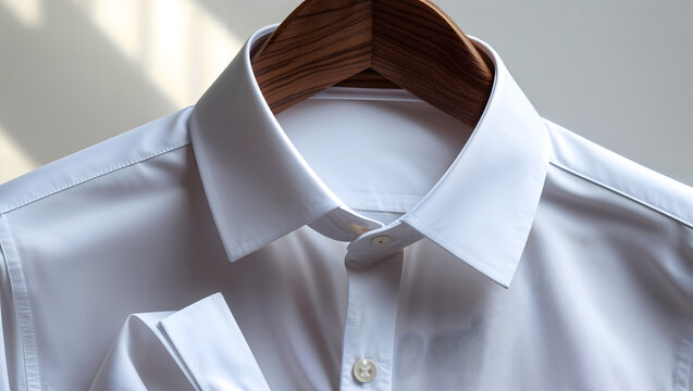 White poplin dress shirt on wooden hanger featuring stiff spread collar and french cuffs with elegant bright studio lighting luxury generative AI