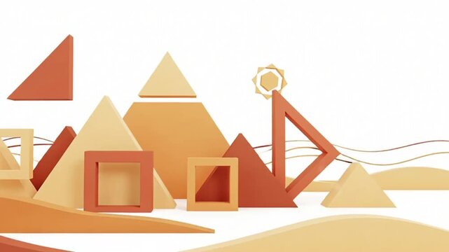 abstract desert landscape with geometric pyramids and sunny sky