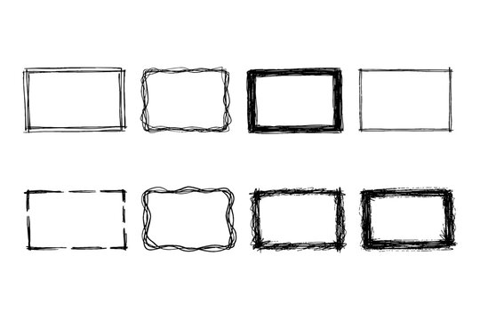 Collection of eight hand-drawn rectangular frames with varied sketchy styles