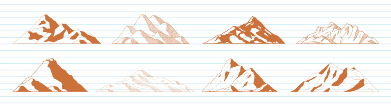 Illustration of eight stylized mountain peaks in brown and white, lined up on a grid background. Each mountain peak has unique patterns and shapes. Nature elements, vector set.