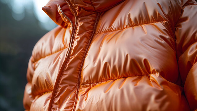 Orange puffer jacket featuring voluminous baffles with high detail stitching and soft diffused lighting emphasizing the lightweight matte nylon texture generative AI
