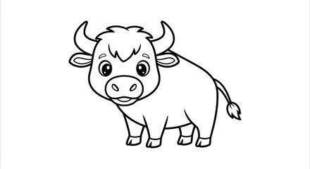 Fototapeta premium A cartoon bull with big eyes and horns standing calmly depicted in a line drawing style for coloring book fun suitable for kids' educational materials and farm animal themes.