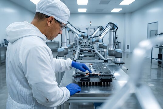 Engineer inspecting electric vehicle battery pack inside high-tech factory