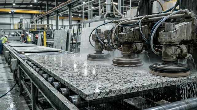 Closeup of engineered stone countertop slabs being polished in a modern factory highlighting smooth composite mineral surfaces and resin bonding.