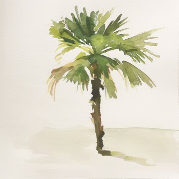 Watercolor painting of a small palm tree with green fronds and a brown trunk, casting a shadow