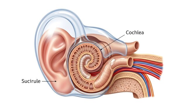 Cross‑section anatomical illustration of the ear highlighting the cochlea and surrounding inner ear structures, depicting the spiral auditory organ receiving vibrations from the middle ear and convert