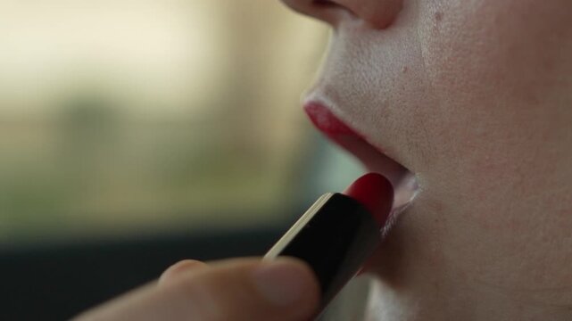 Lipstick makeup beauty woman applies bright red cosmetics to her lips while sitting inside a car for a fresh look