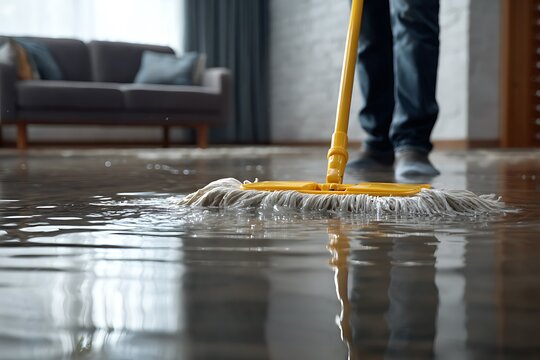 Person cleaning water from a flooded living room floor with a mop and bucket