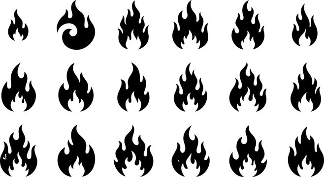 A vector set of fire flames and burning orange icons featuring hot red flammable danger signs and campfire heat elements for caution warning art design
