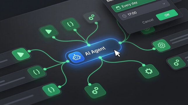 A detailed digital interface showcasing an artificial intelligence agent at the center of a glowing complex automated workflow connecting tasks with a scheduling dialog box against a dark futuristic s