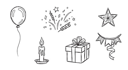 Fototapeta premium Celebration party elements hand drawn line art. Includes balloon gift box candle confetti star and bunting decoration.