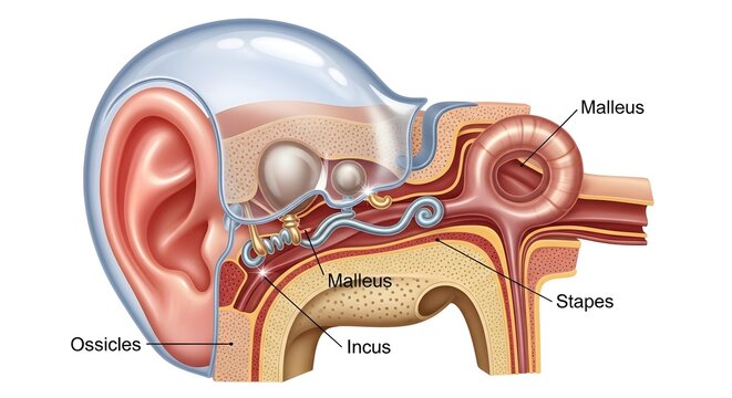 Comprehensive cross‑section illustration of the human ear highlighting the full ossicular chain&mdash;malleus, incus and stapes&mdash;within the middle ear cavity, showing their alignment between tympanic membran