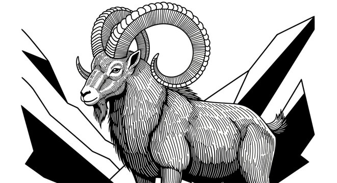 Illustration of a majestic Ibex standing on a rocky mountain peak, rendered in a detailed black and white sketch style