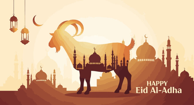 Celebrate the joyous occasion of Eid Al-Adha with this vibrant illustration featuring a majestic goat silhouette filled with mosque designs and a cityscape under a crescent moon