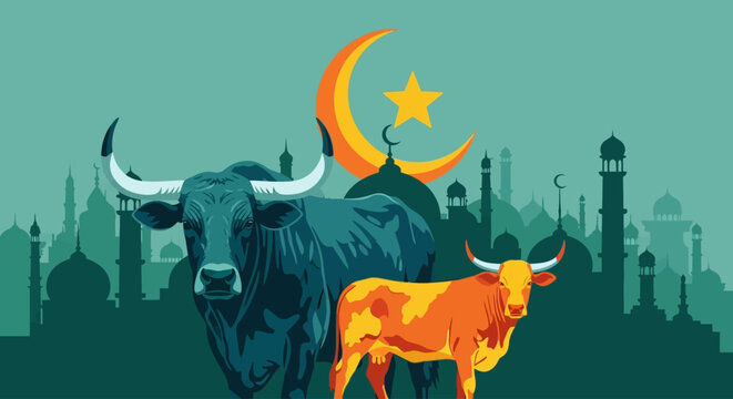 Illustrative depiction of a sacred tradition, featuring majestic oxen beneath the crescent moon and star, symbolizing a spiritual feast within an eastern cityscape