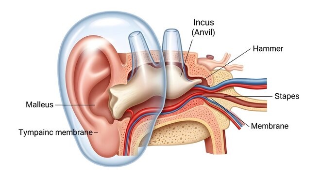 Cross‑section anatomical illustration of the human ear highlighting the middle ear ossicles&mdash;malleus, incus and stapes&mdash;along with tympanic membrane and attached ligaments, showing how sound vibrations 