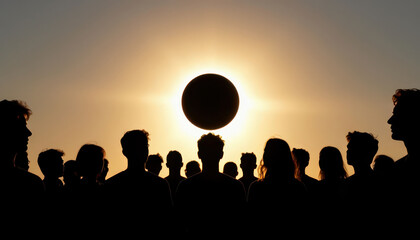 Naklejka premium A group of silhouetted men and women stand watching an eclipse. The eclipse creates a dramatic scene with the sun glowing behind them.