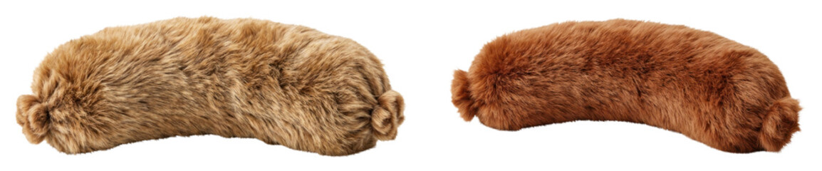 Fototapeta premium Two Surreal Sausages Covered Brown long soft fluffy faux fur texture isolated on white or transparent background. PNG die-cut for advertising