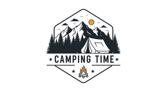 Circular logo for camping features a tent nestled among pine trees with a mountain range and sun in the distance.