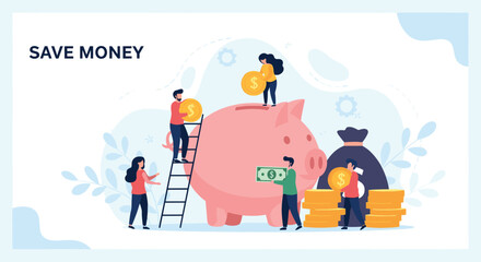 Fototapeta premium Team of small people works together to put coins and cash into a large pink piggy bank for savings and investment.