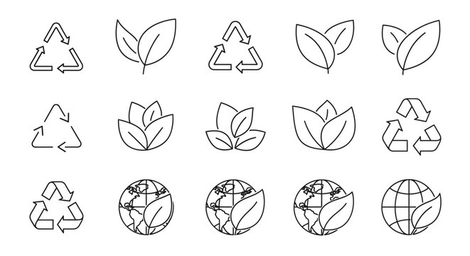 Eco friendly vector icons of leaves recycling symbol and planet earth